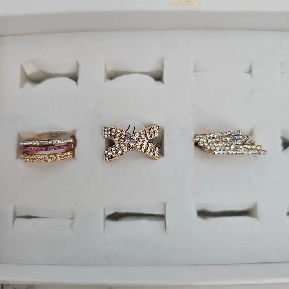 3pc Ring Set Gold Rhinestone Criss Cross Cocktail Jewelry